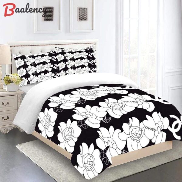 Chanel white flowers black luxury brand bedding set duvet cover for home decor trending 2023 for home Bedding Sets