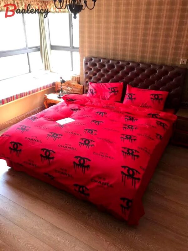 Chanel red dirty logo bedding 3d printed bedding sets quilt sets duvet cover luxury brand bedding decor bedroom sets best luxury bed sets gift thankgivings and christmas Bedding Sets