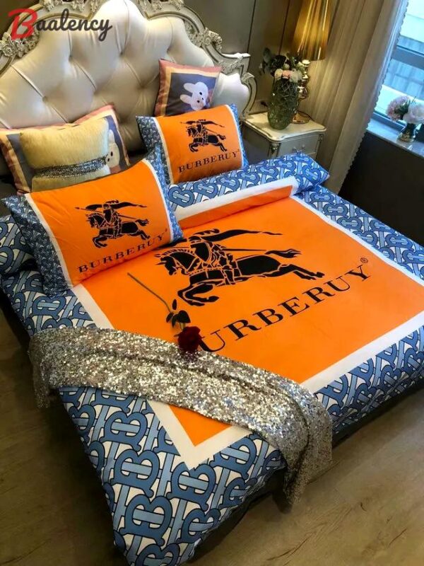 Burberry orange logo bedding sets quilt sets duvet cover luxury brand bedding decor bedroom sets best luxury bed sets gift thankgivings and christmas Bedding Sets